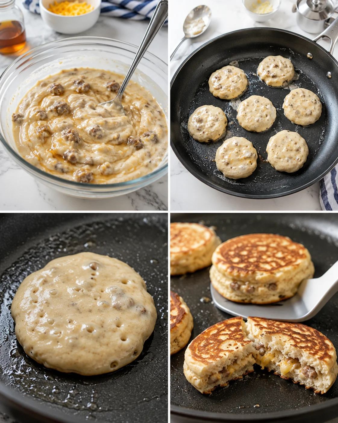 four-panel collage showing batter, frying pancakes, and filled savory pancakes with sausage and cheese