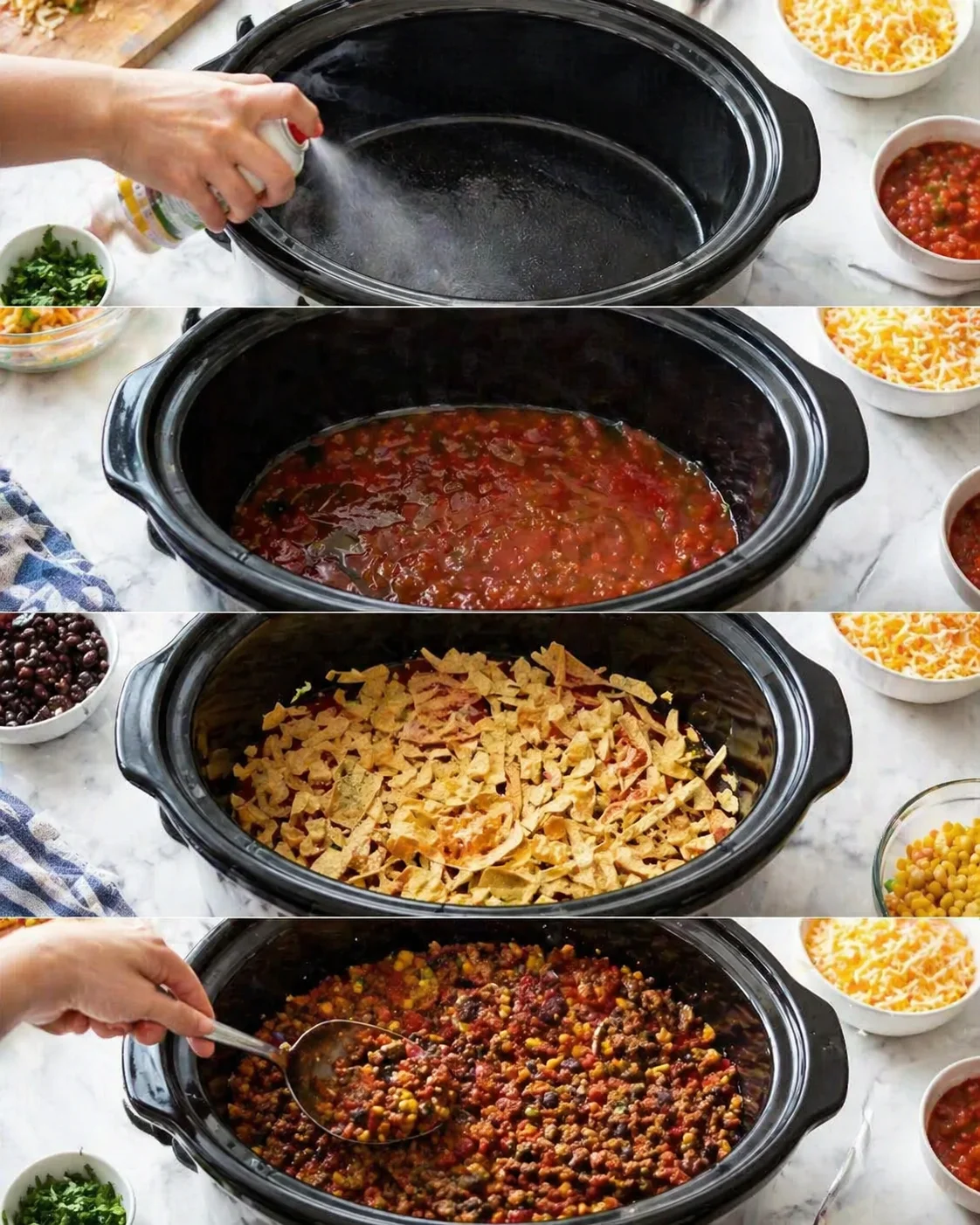 four-panel collage of slow cooker chili assembly: spray pot, red sauce, tortilla chips, and chunky beans being stirred
