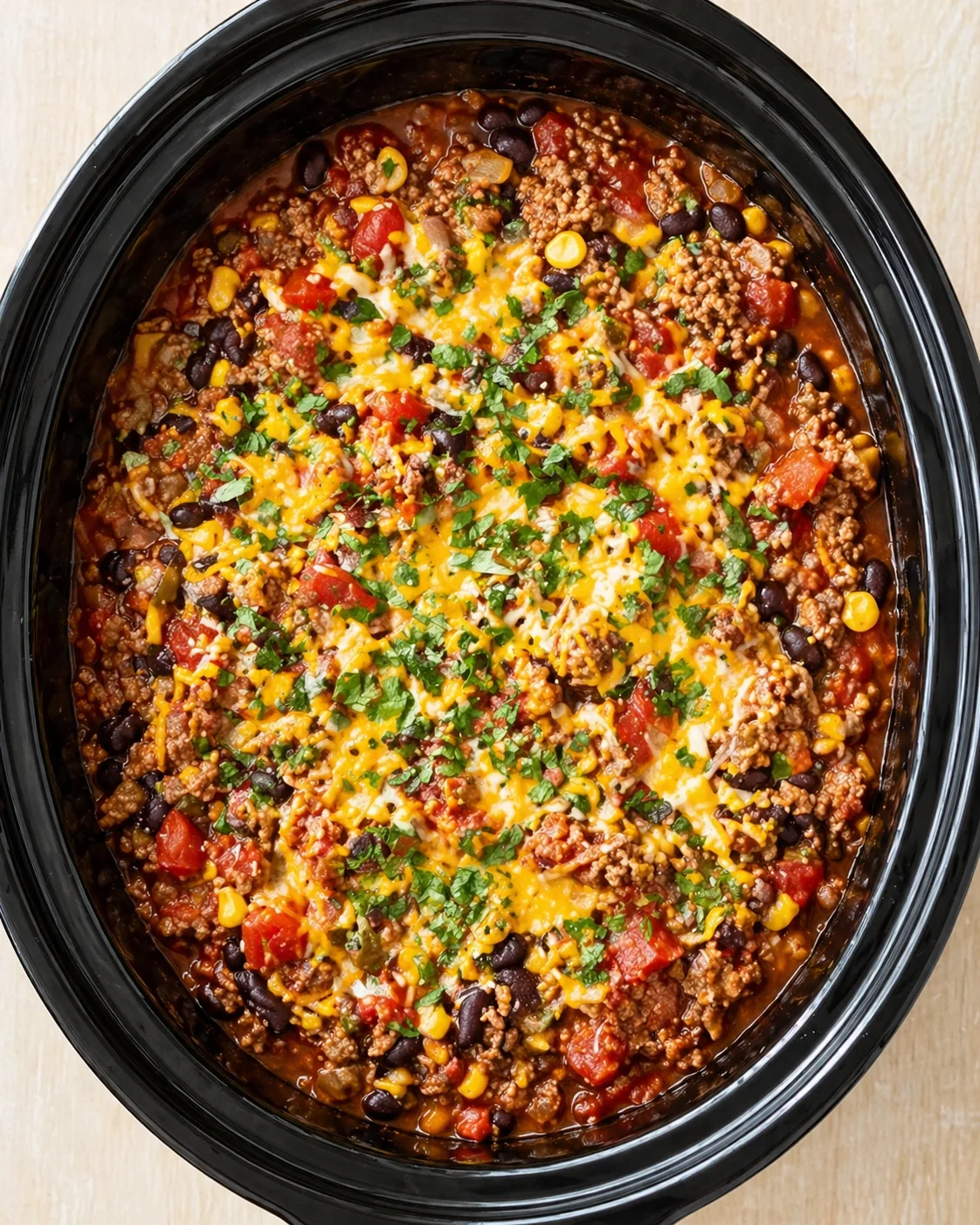 top-down view of a hearty chili in a black slow cooker, topped with cheese and cilantro.