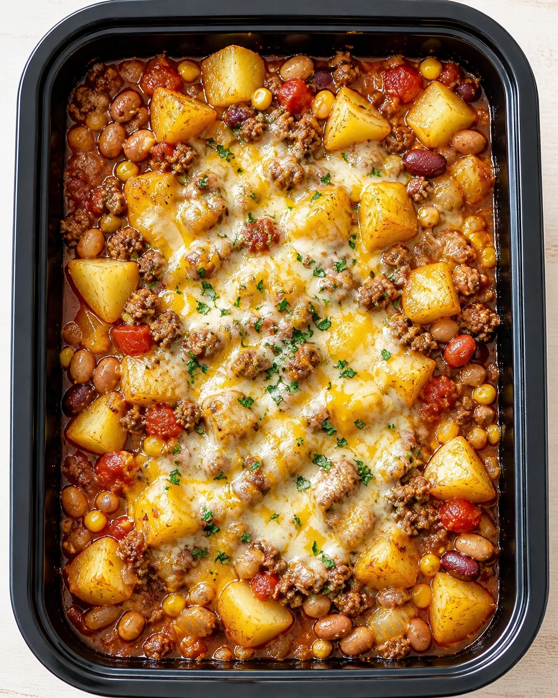 cheesy-potato-beef-casserole cheesy potato beef casserole with beans, corn, and herbs in a black slow cooker