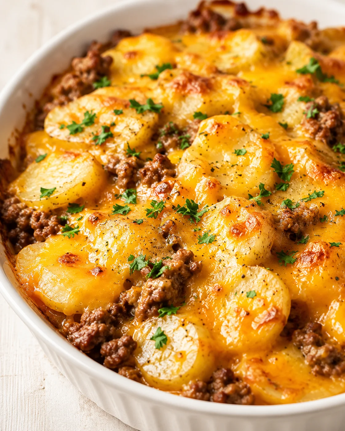 baked potato slices layered with seasoned ground beef and melted cheddar in a white dish, garnished with parsley.