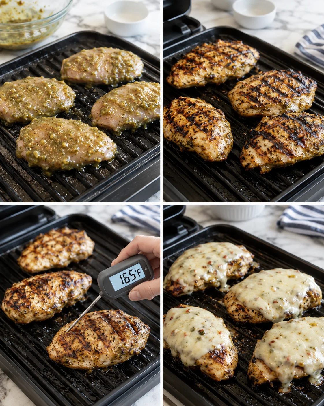collage showing chicken breasts from raw marinade to grilled and cheese-topped finish.