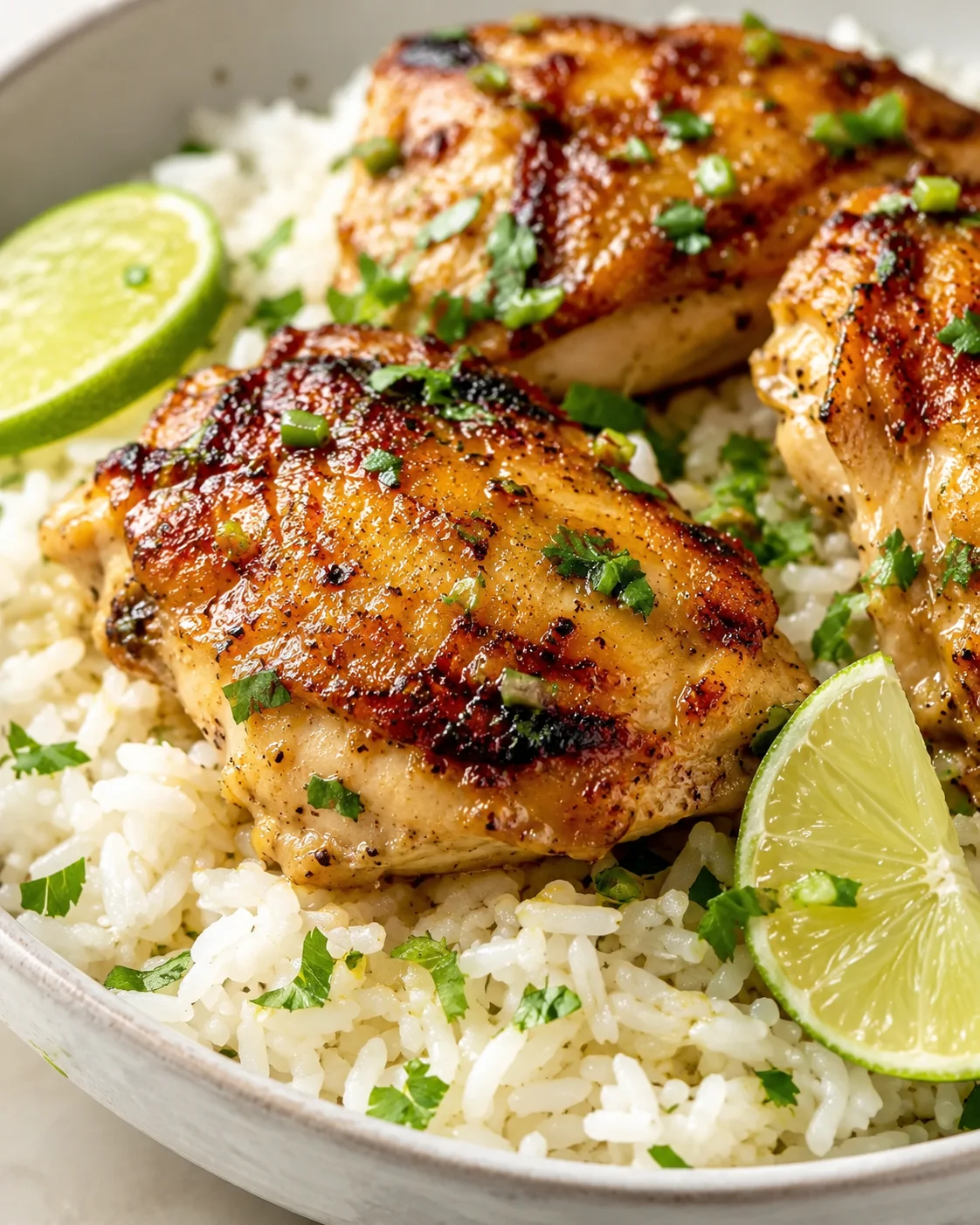 Grilled chicken over rice with lime wedges and chopped herbs.