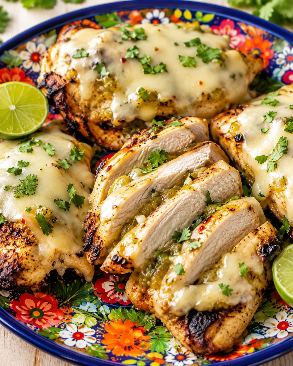 sliced grilled chicken with melted cheese, cilantro, lime wedges on a colorful floral plate.