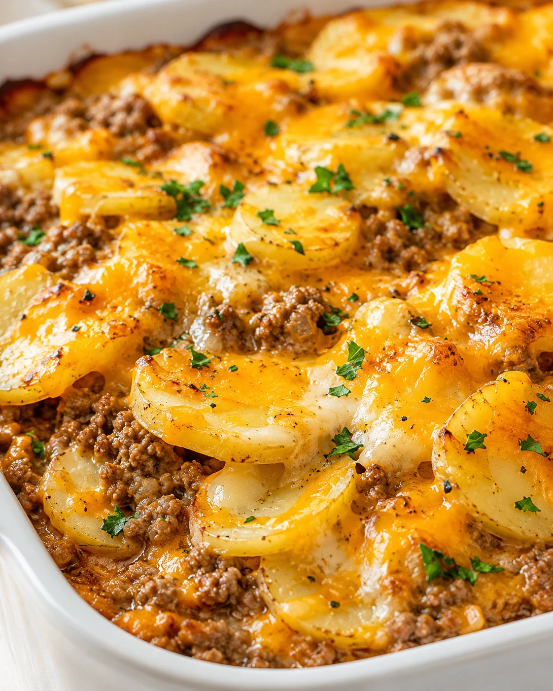baked potato slices atop ground beef, melted cheddar, garnished with parsley in a white dish.