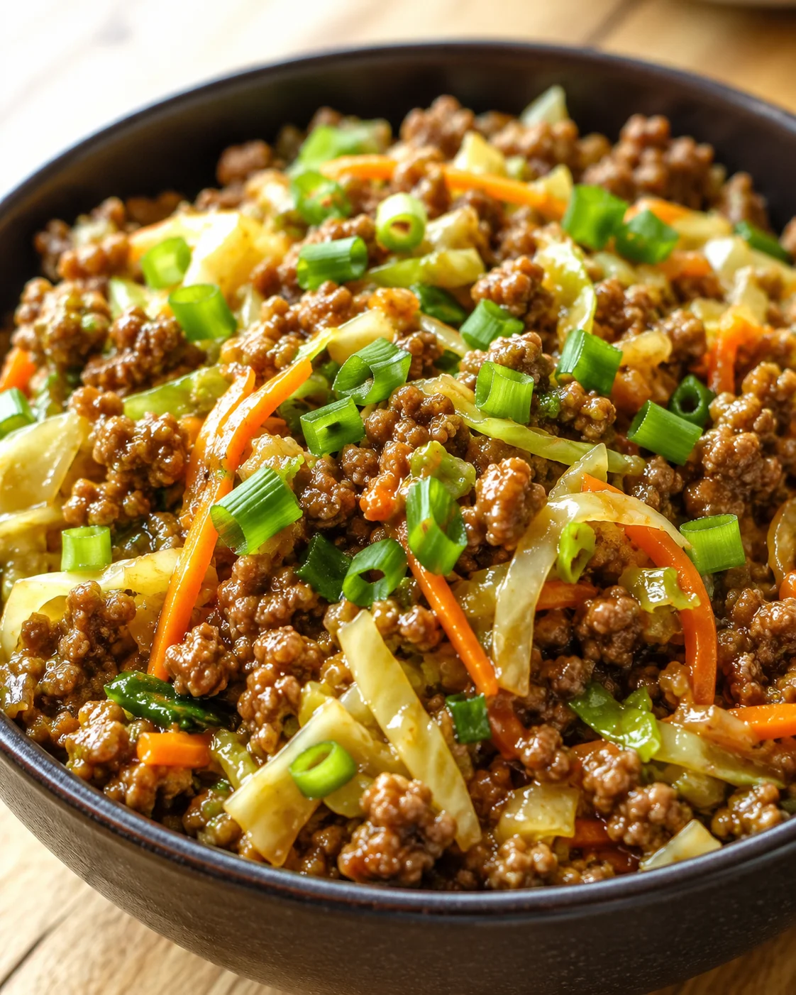 Close-up of savory ground beef stir-fry with cabbage, carrots, and green onions in a dark bowl.