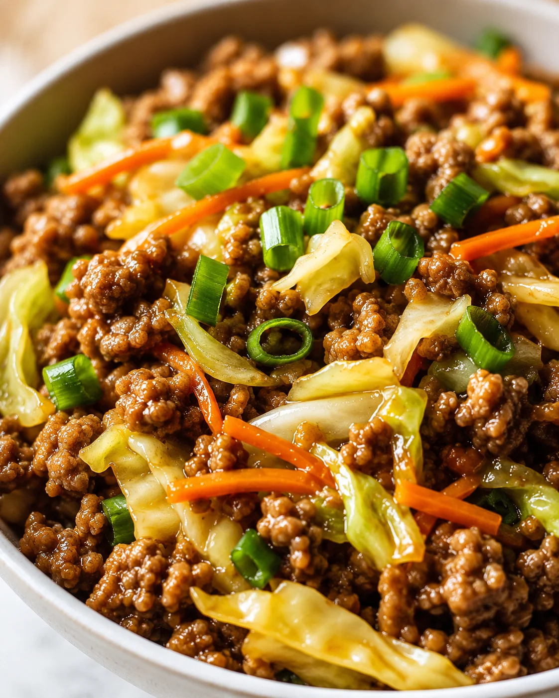 close-up of a skillet with browned ground meat, cabbage, carrots, and green onions in a glossy stir-fry.