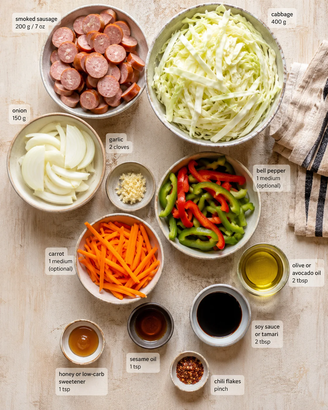 overhead view of assorted ingredients in bowls for stir-fry: sausage, cabbage, peppers, onions, and sauces