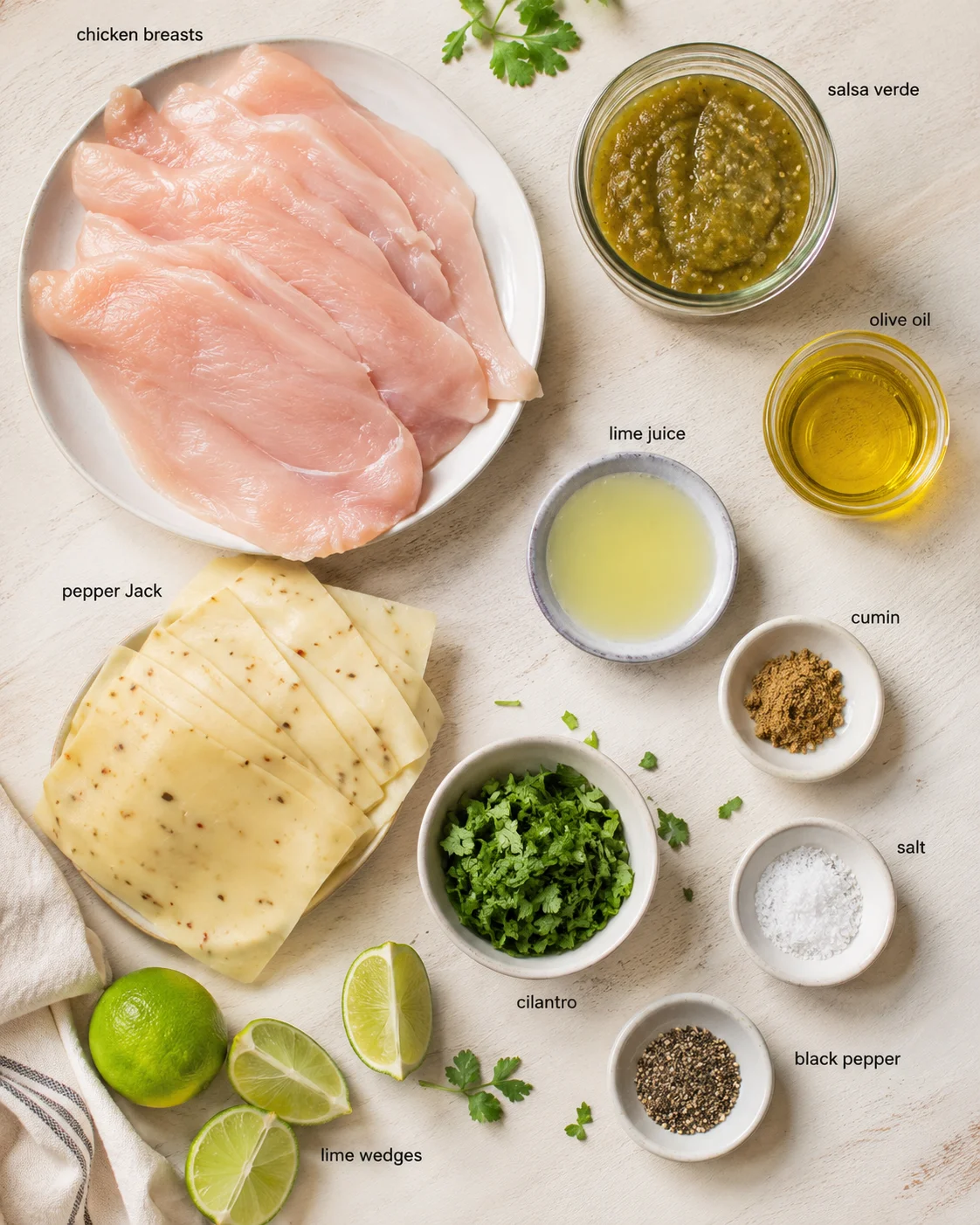Assorted ingredients for chicken fajitas laid out on a light wooden surface.