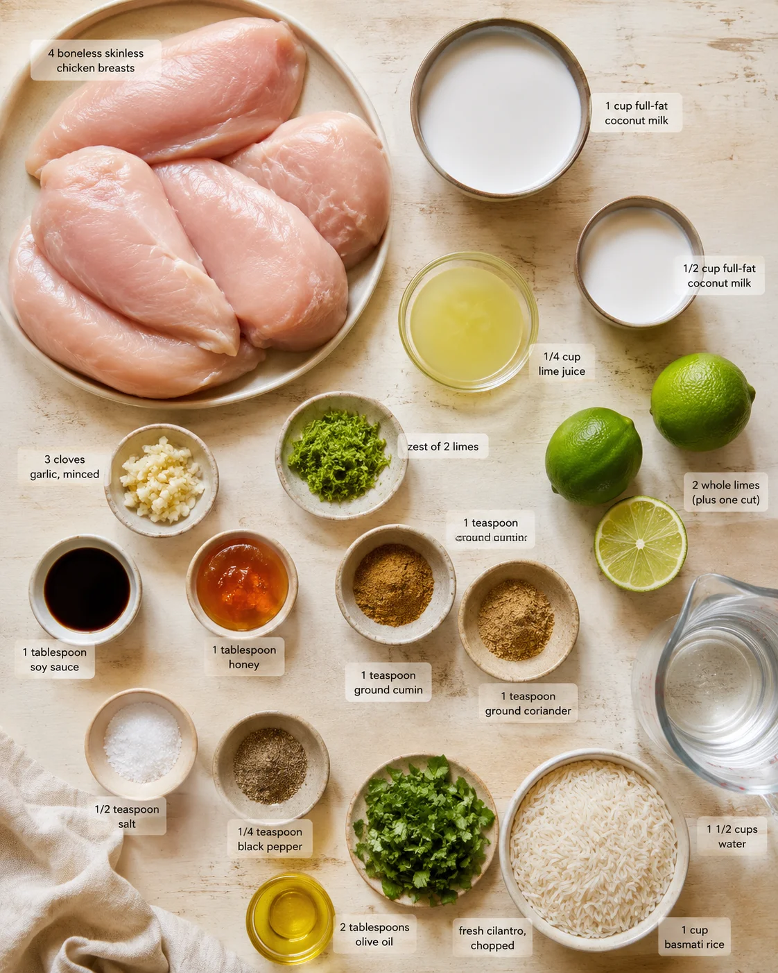 Raw chicken breasts arranged with bowls of lime juice, coconut milk, spices, herbs, and rice.