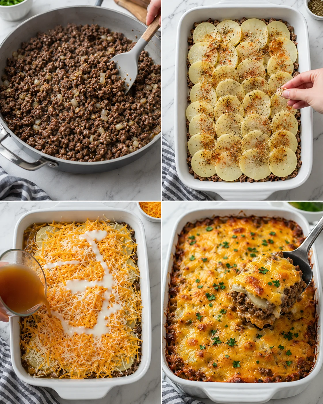 collage of steps showing beef filling, potato layering, and a cheesy baked casserole