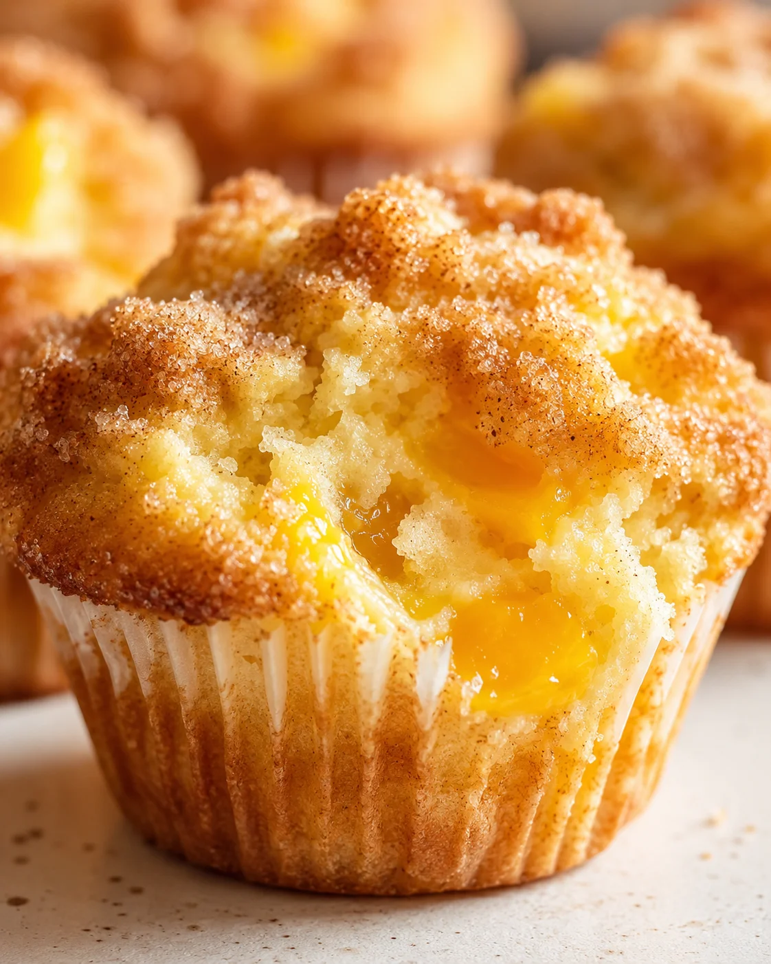 Close-up of a golden muffin with lemon curd oozing from the center and sparkling sugar topping.