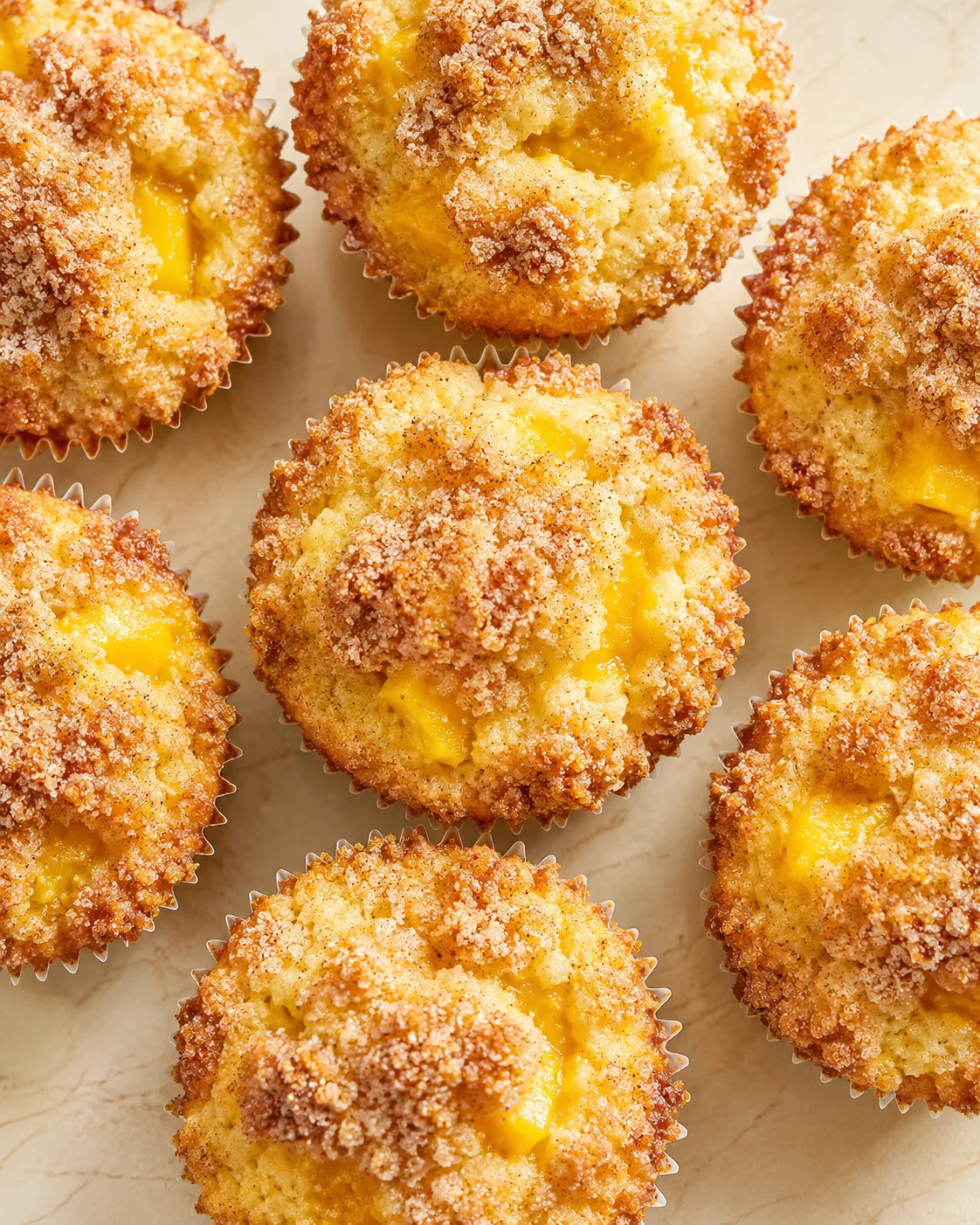 Top-down view of crumb-topped muffins with lemon-curd centers on a light marble surface.
