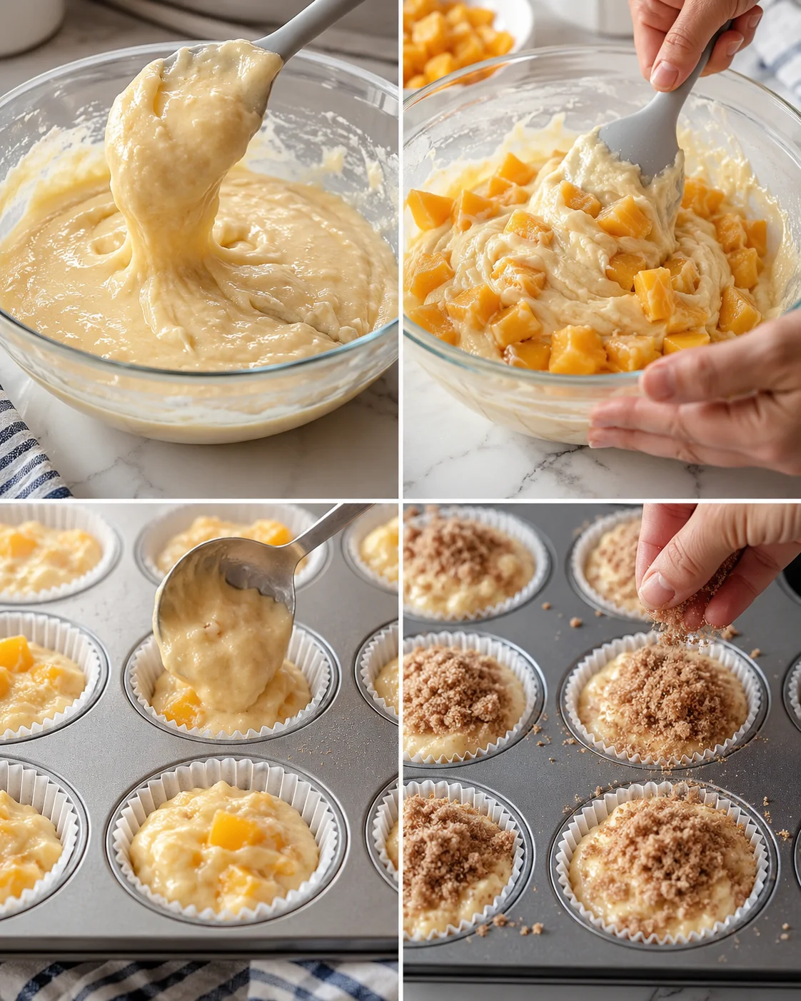 collage showing batter being stirred, mango chunks folded in, spooned into muffin cups, and topped with streusel