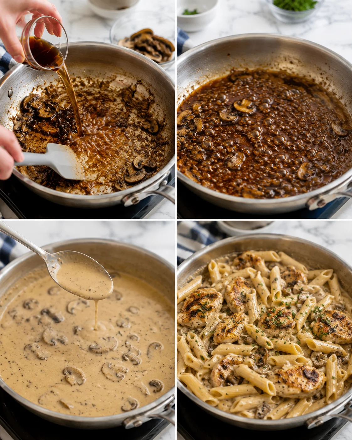 four-panel collage showing mushroom cream sauce being prepared and pasta with chicken