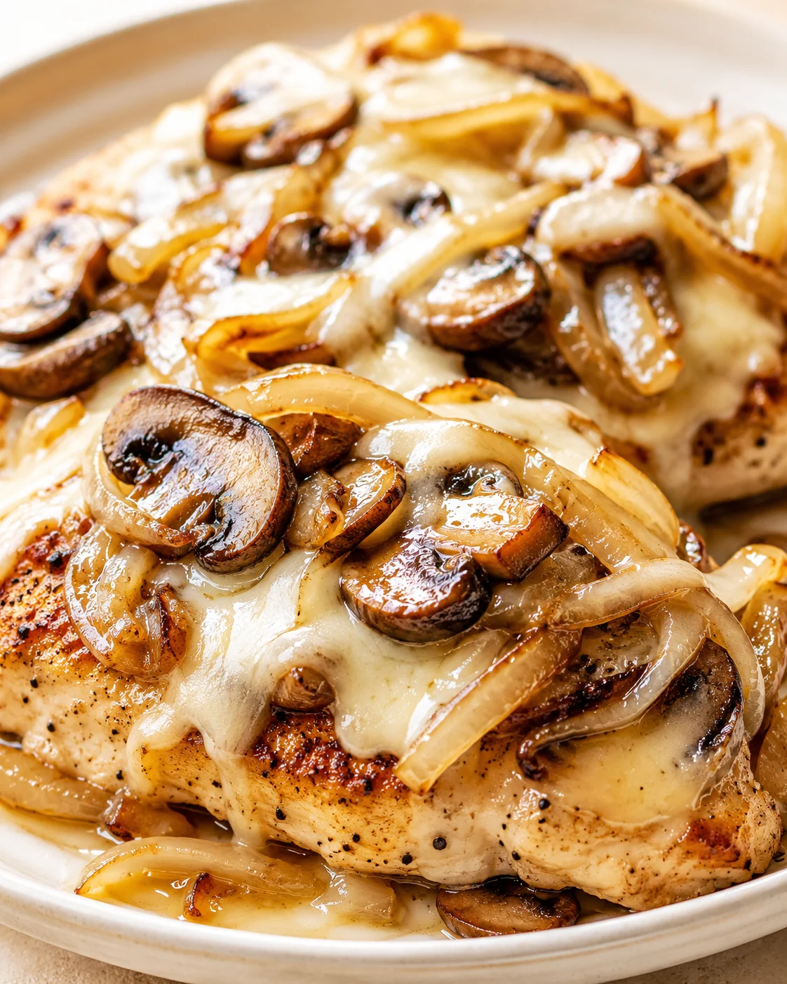 Close-up of pan-seared chicken with caramelized onions, mushrooms, and melted cheese