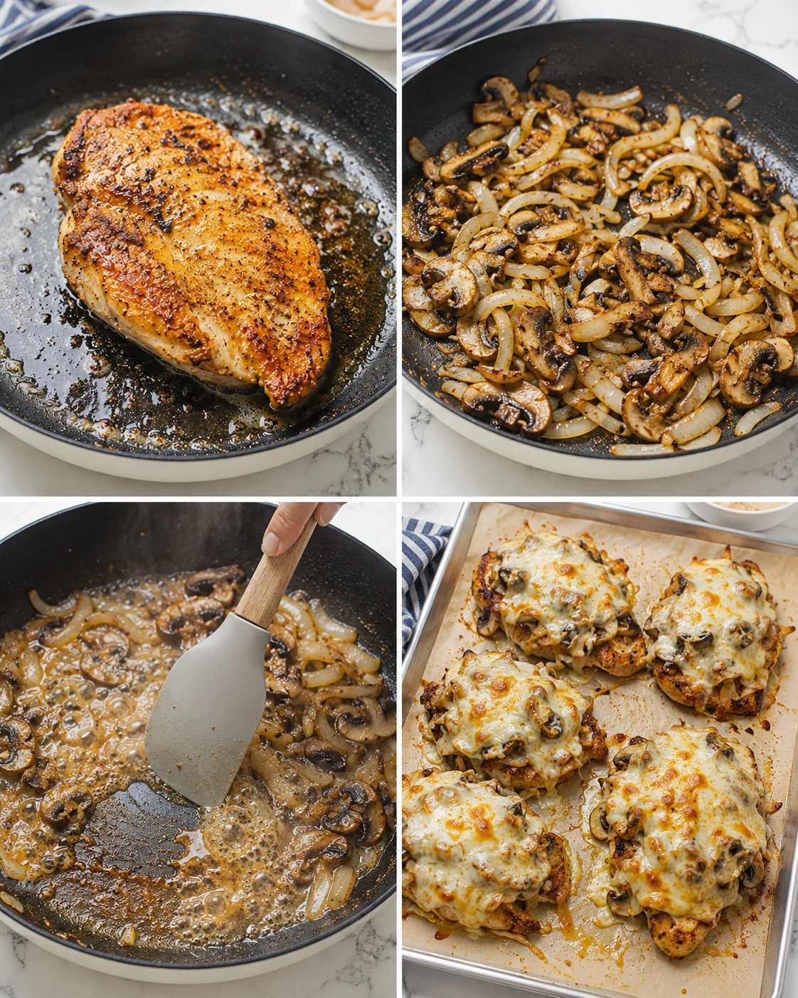 Four-panel collage showing seared chicken, sautéed onions and mushrooms, simmering sauce, and cheesy baked chicken.