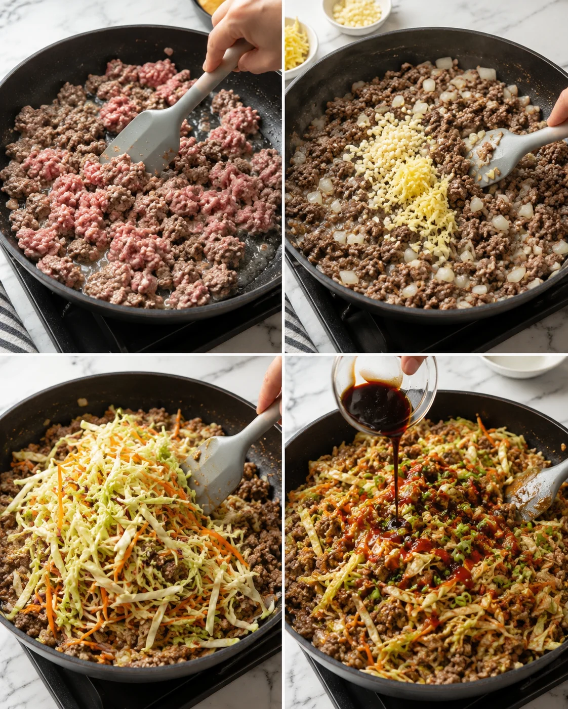 four-panel collage of a skillet with ground beef, onions, cheese, cabbage slaw, and sauce.