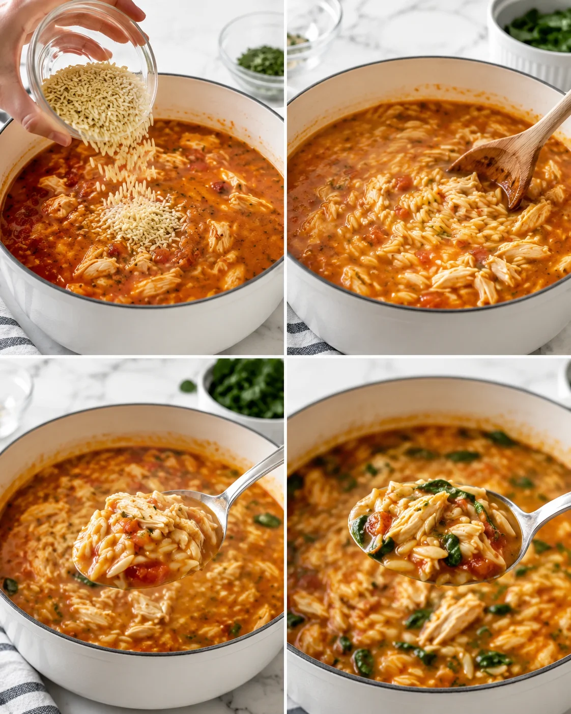 Collage of four panels showing a white pot of tomato-based chicken orzo soup being prepared, with rice added and stirred.