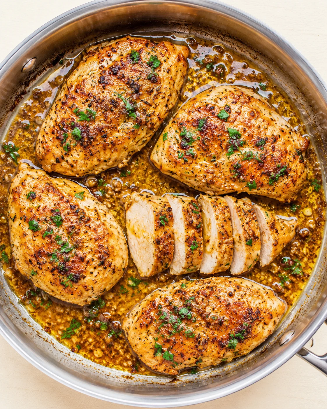 Golden-brown pan-roasted chicken breasts in a skillet with herb garnish and glossy pan sauce.