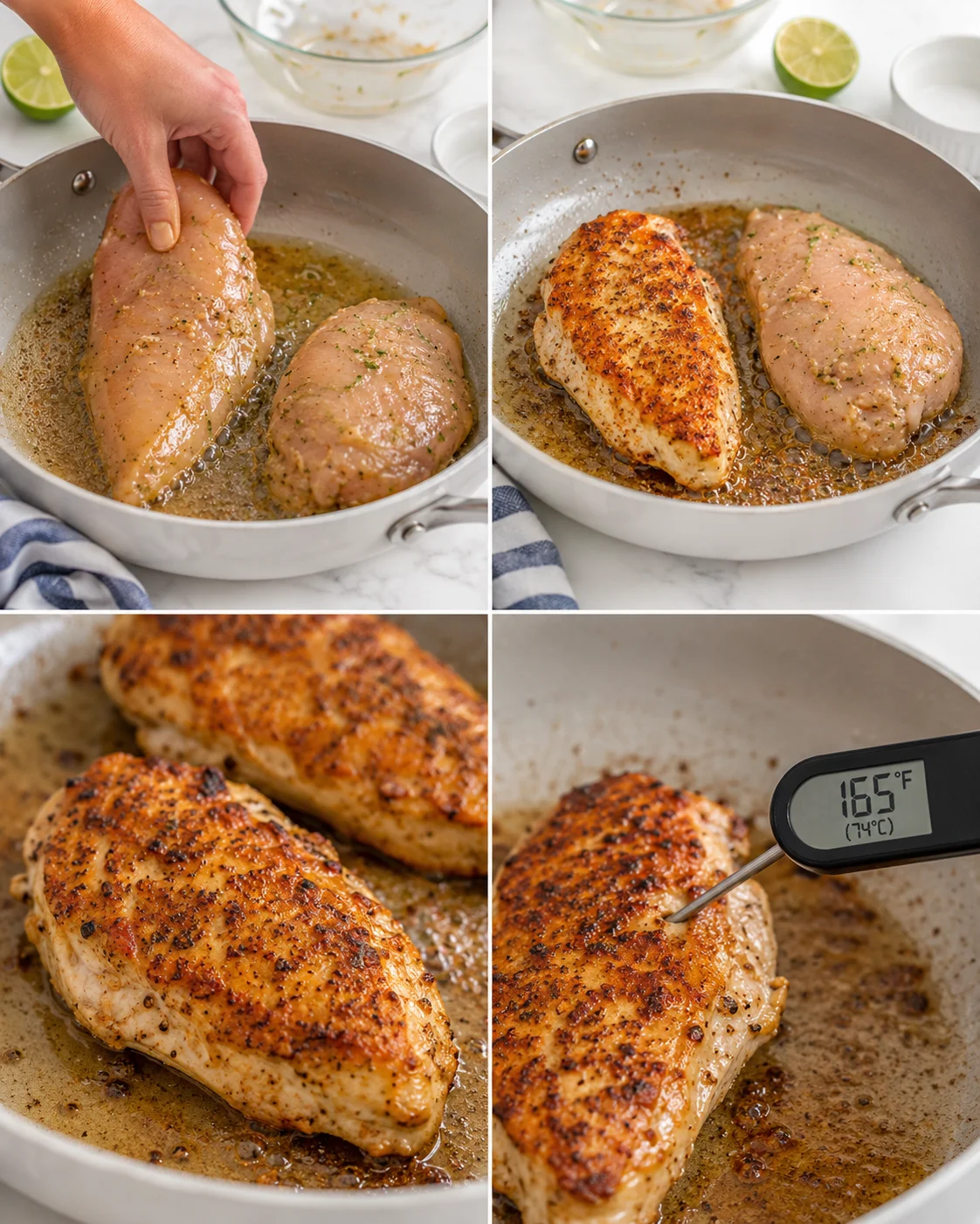 collage of chicken breasts being seared in a skillet, browning, with a thermometer reading 165°F