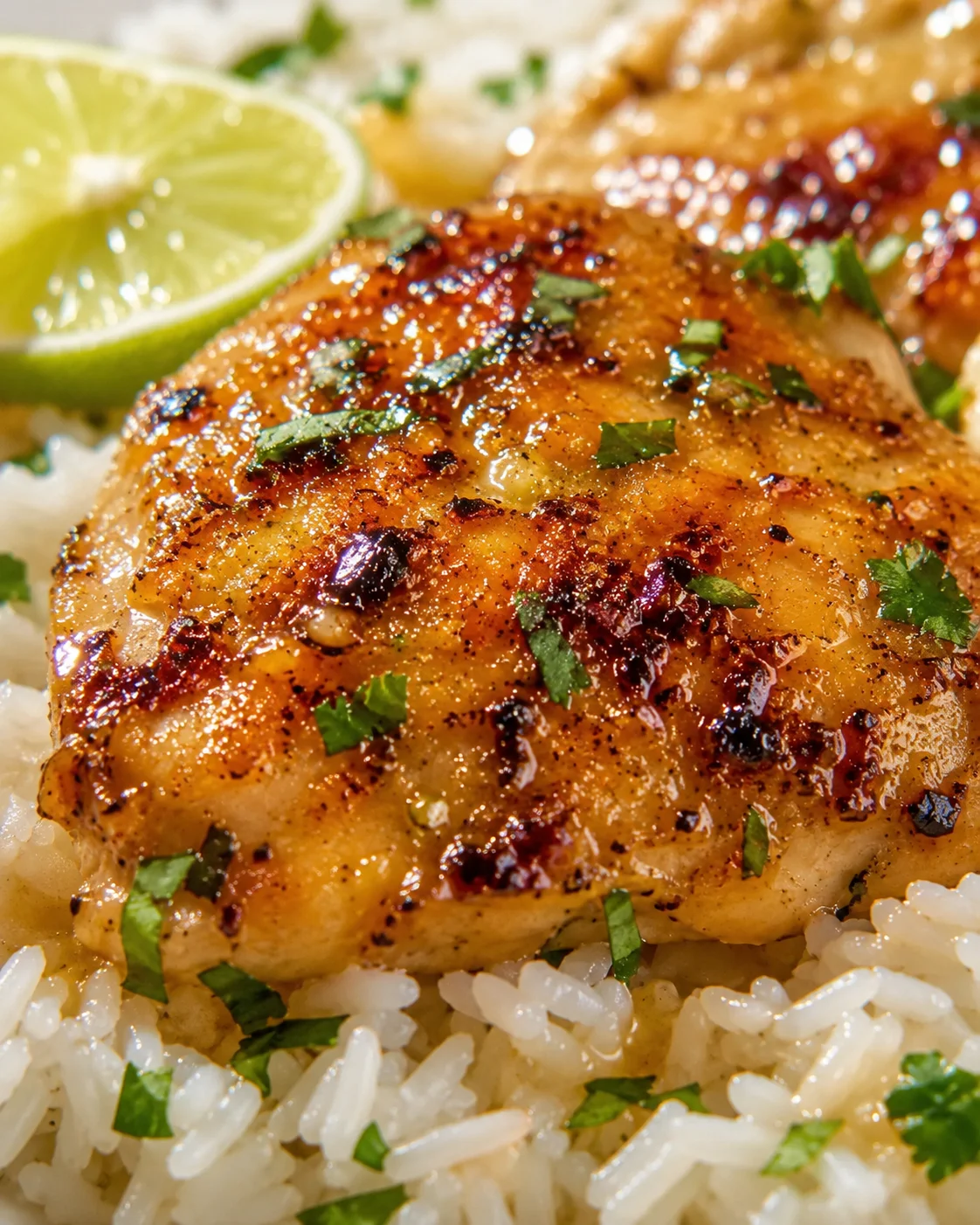 Close-up of glazed pan-seared chicken resting on white rice, garnished with parsley and a lime wedge.