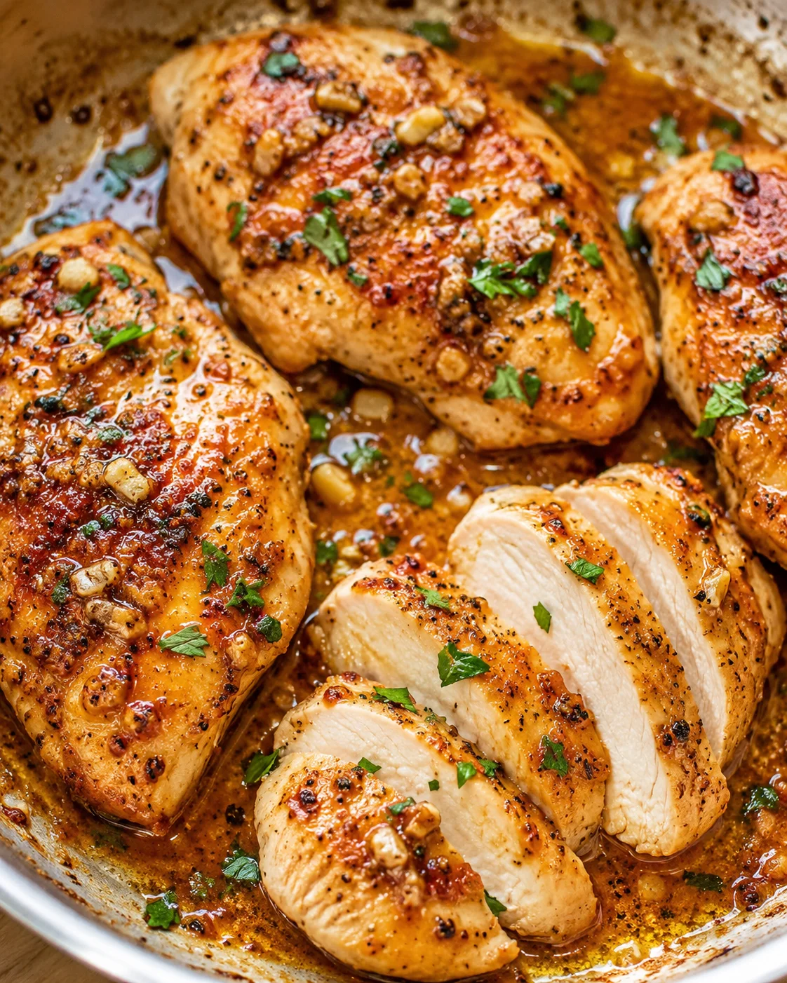 glossy skillet with sliced pan-seared chicken breasts, golden brown, garnished with parsley