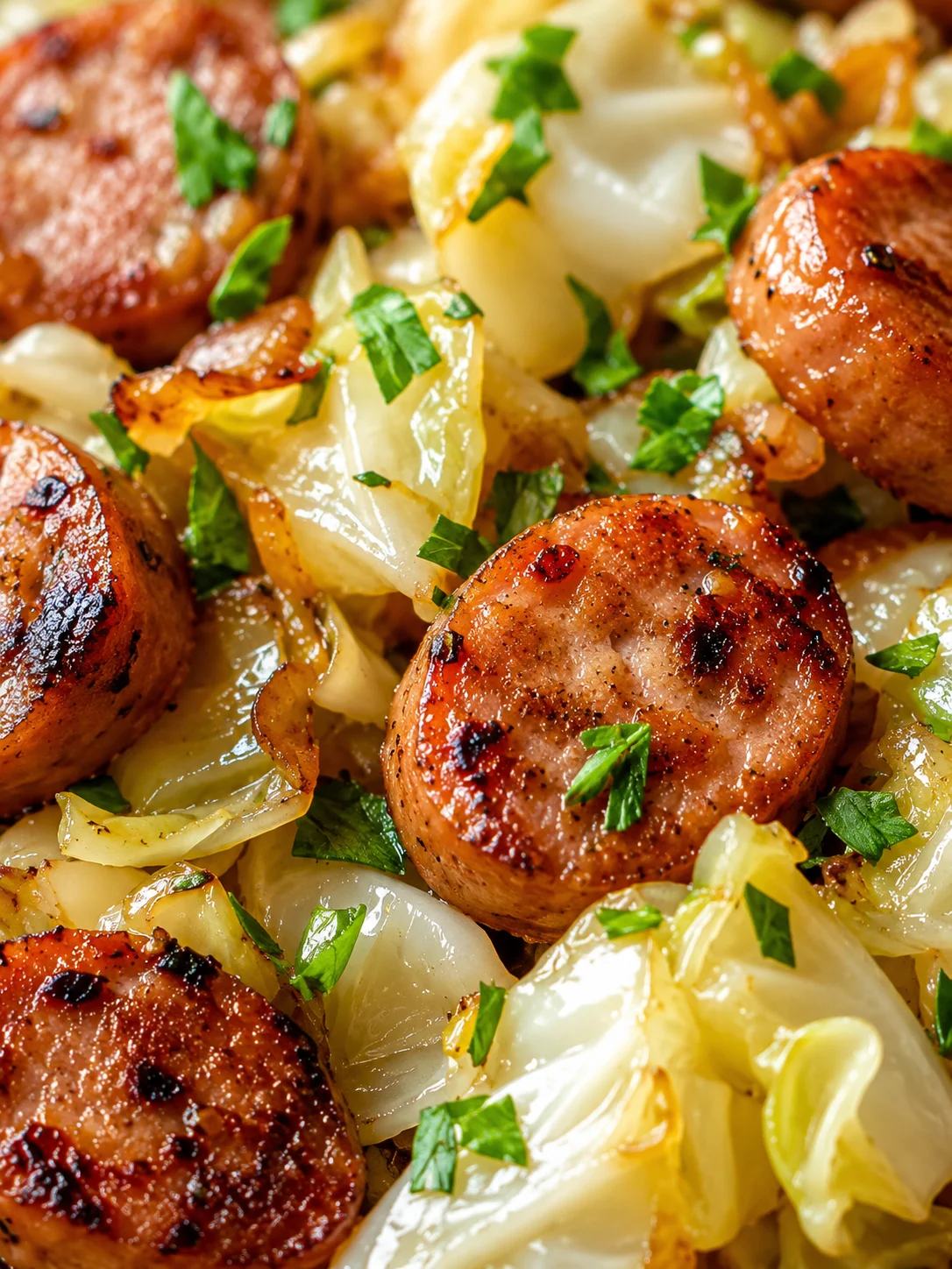 close-up of caramelized sausage with sautéed cabbage and chopped parsley