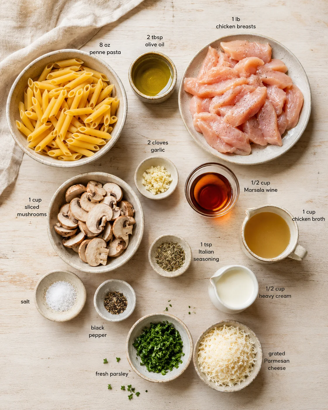 Overhead view of labeled ingredients for pasta with chicken Marsala on a light wooden surface.