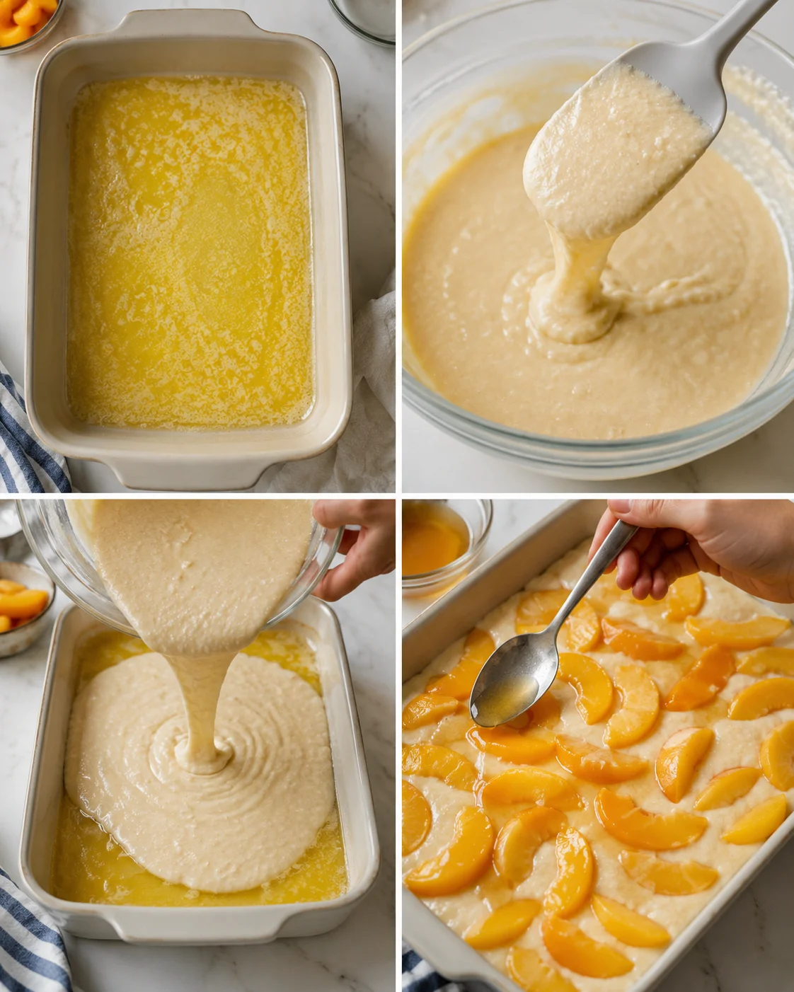 collage of peach batter being prepared, poured into a pan, with peach slices on top
