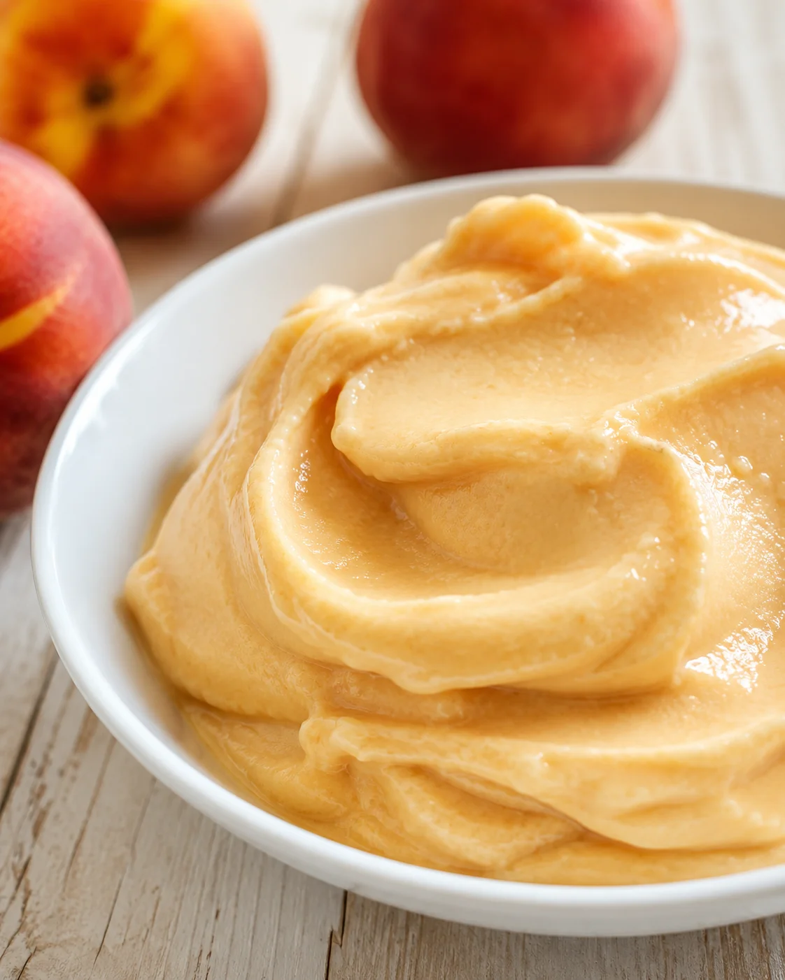 White bowl of glossy, peach-colored creamy spread with peaches blurred in the background.