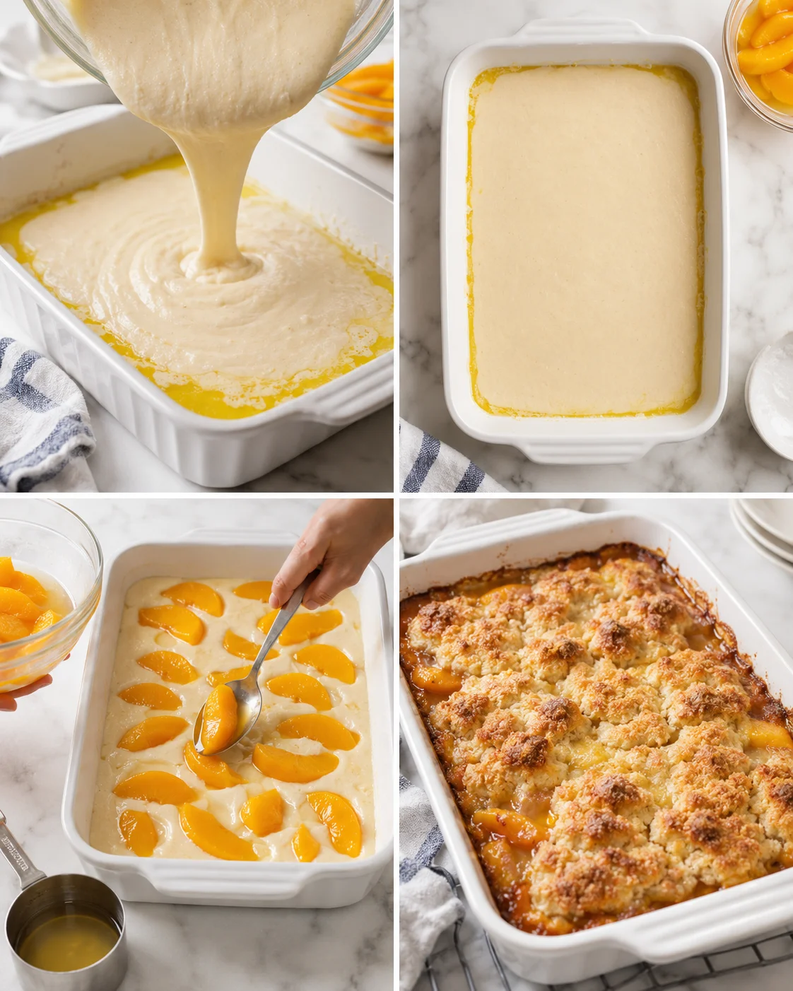 Collage of peach dessert steps: pouring batter, adding peach slices, and baked crumb-topped cake.