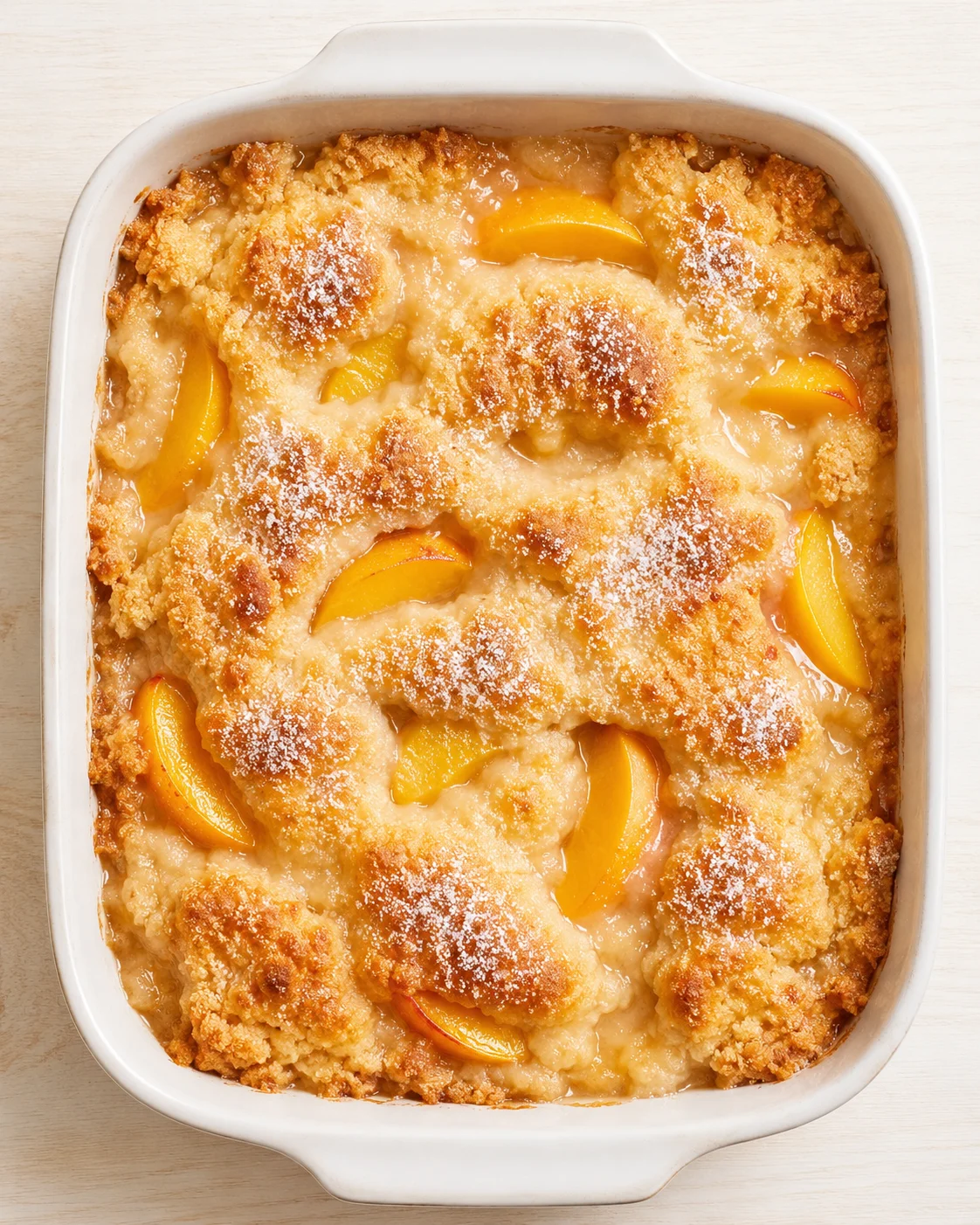Top-down view of peach cobbler with a crumbly, golden crust in a white baking dish.