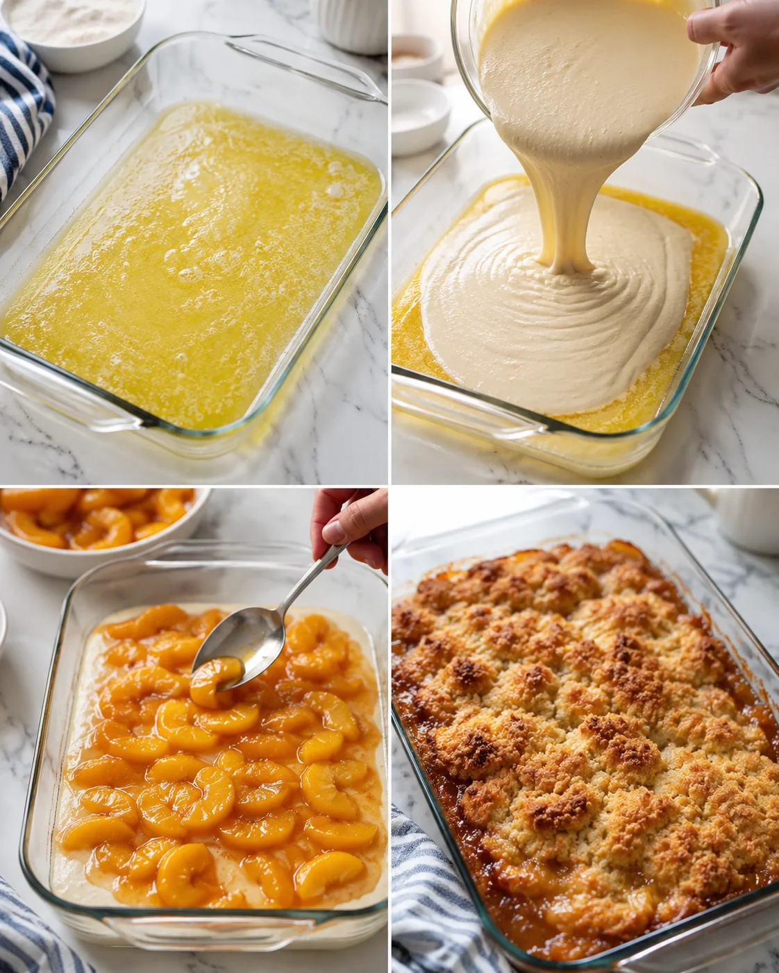 collage showing peach cobbler being assembled in a glass dish: melted butter, batter poured, peach slices, golden-brown topping