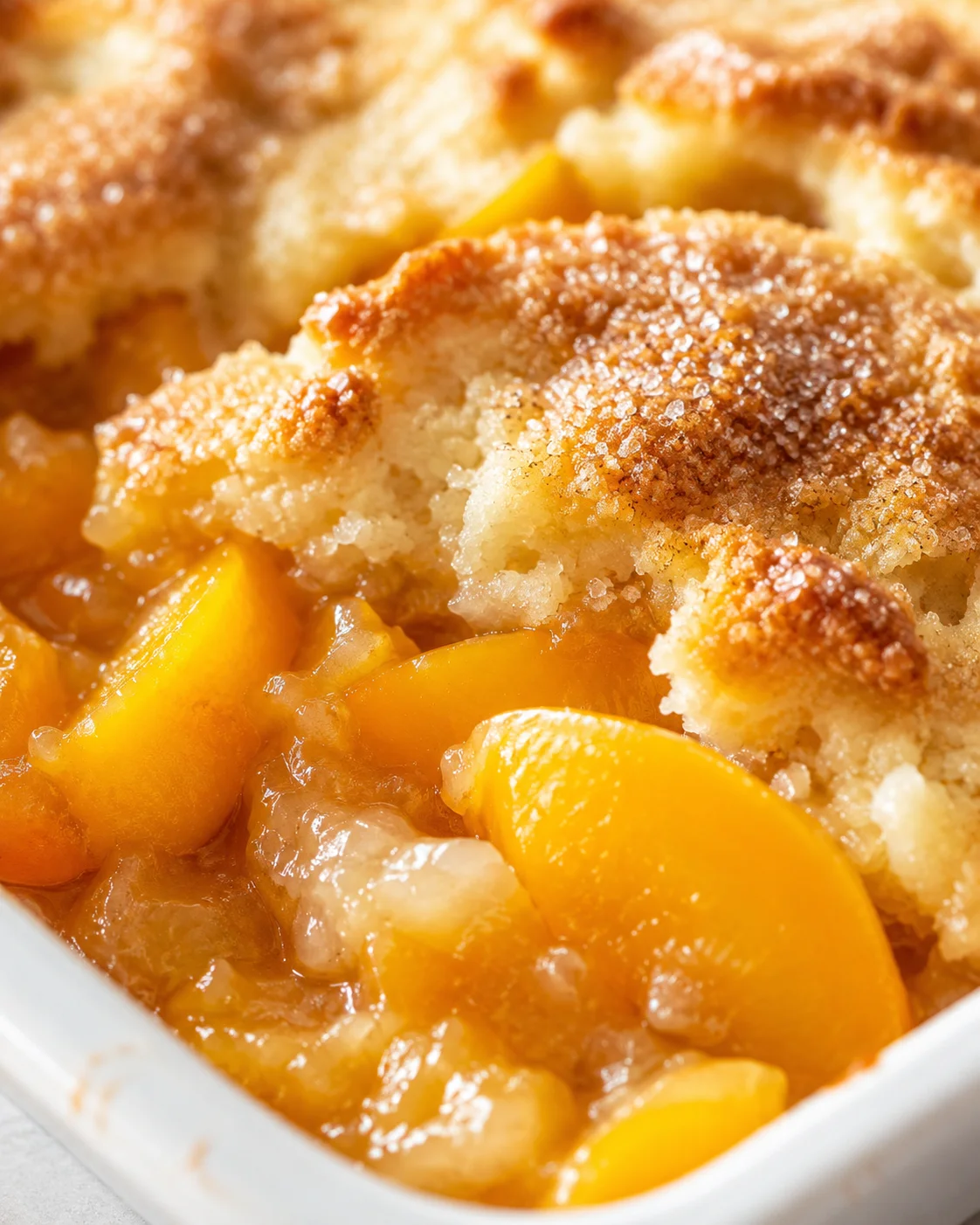 Close-up of peach cobbler with golden-brown biscuit topping and bubbling peach filling.