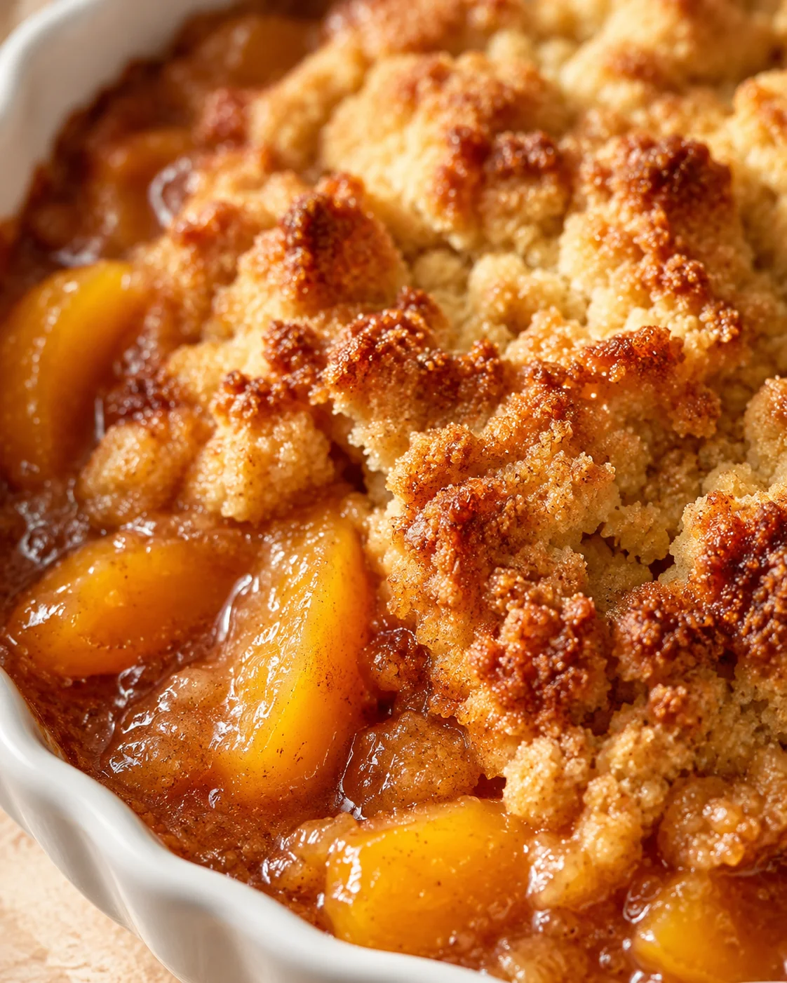 Close-up of peach cobbler with golden crumb topping in a white ceramic dish.