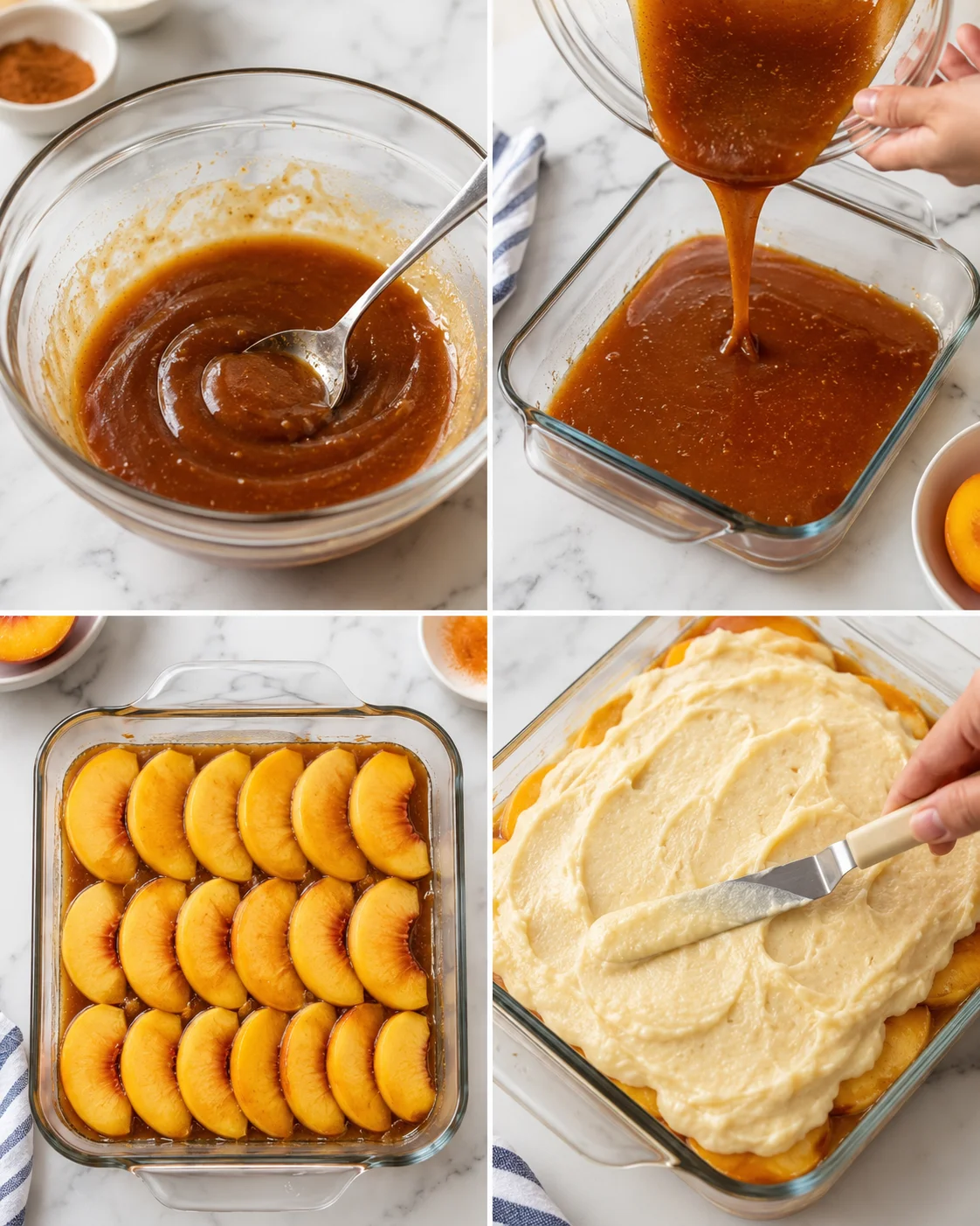 collage showing peach dessert prep: caramel sauce, peach halves in a baking dish, and batter being spread on top