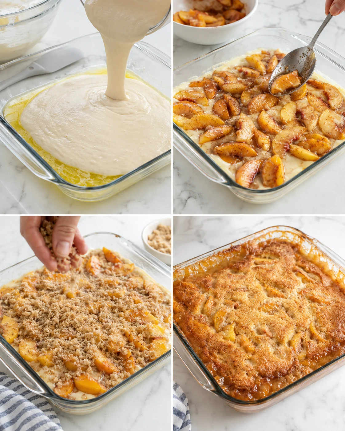 Collage showing peach cobbler steps: pouring batter, layering peaches, topping with crumble, baked dish.