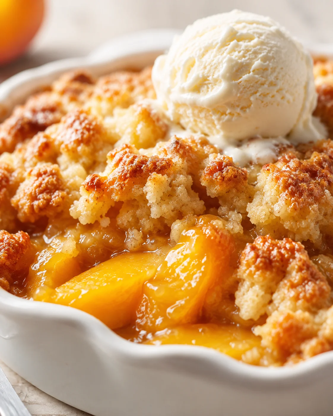peach cobbler in a white dish topped with a scoop of vanilla ice cream