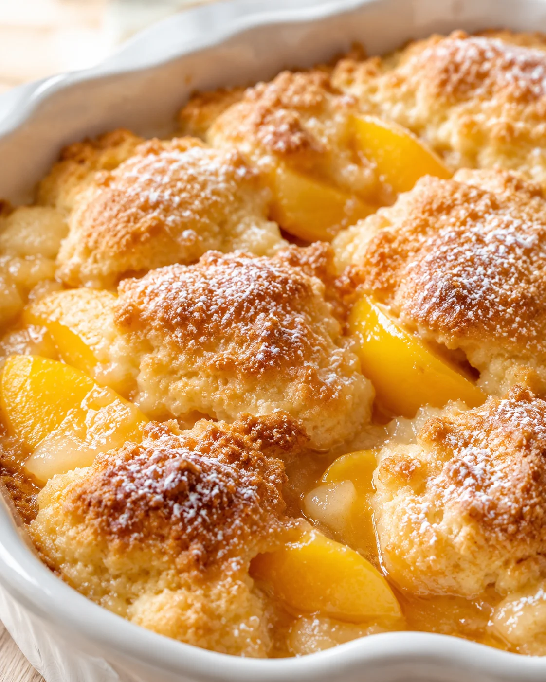 baked peach cobbler with golden biscuit topping in a white baking dish