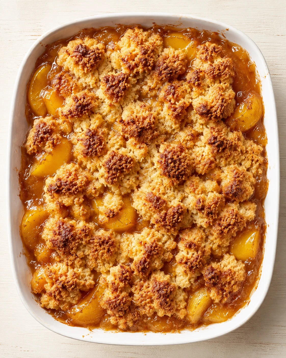 peach cobbler in a white baking dish with a golden crumb topping on a light wooden table