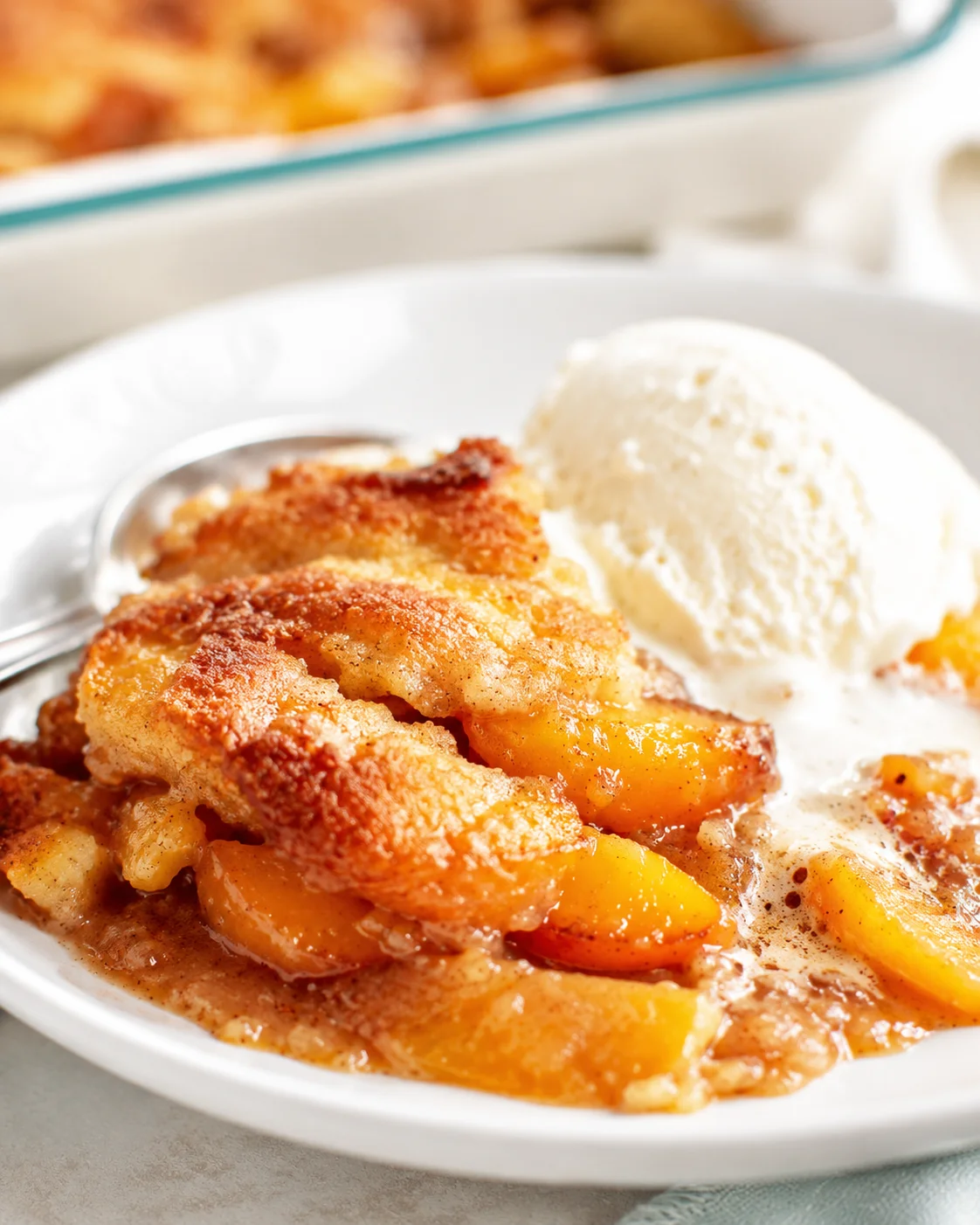 Close-up of peach cobbler with vanilla ice cream on a white plate.