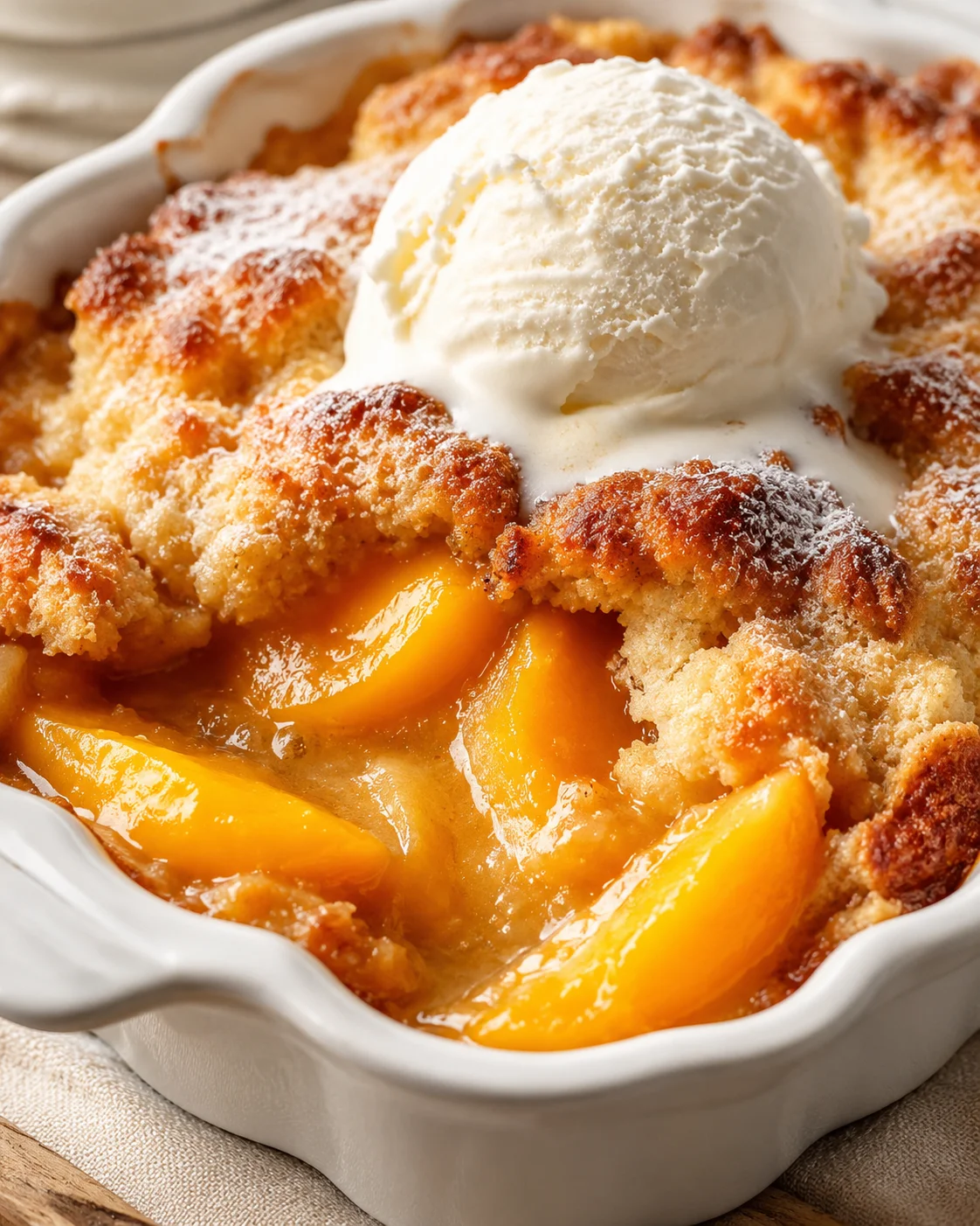 Golden peach cobbler in a white dish topped with vanilla ice cream.