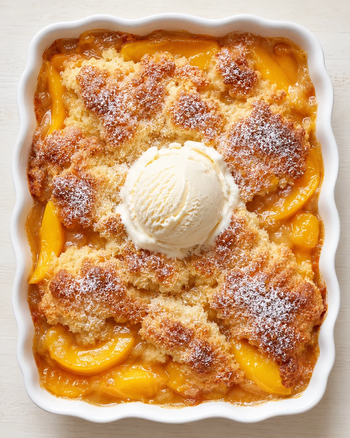 baked peach cobbler in a white scalloped dish topped with a scoop of vanilla ice cream