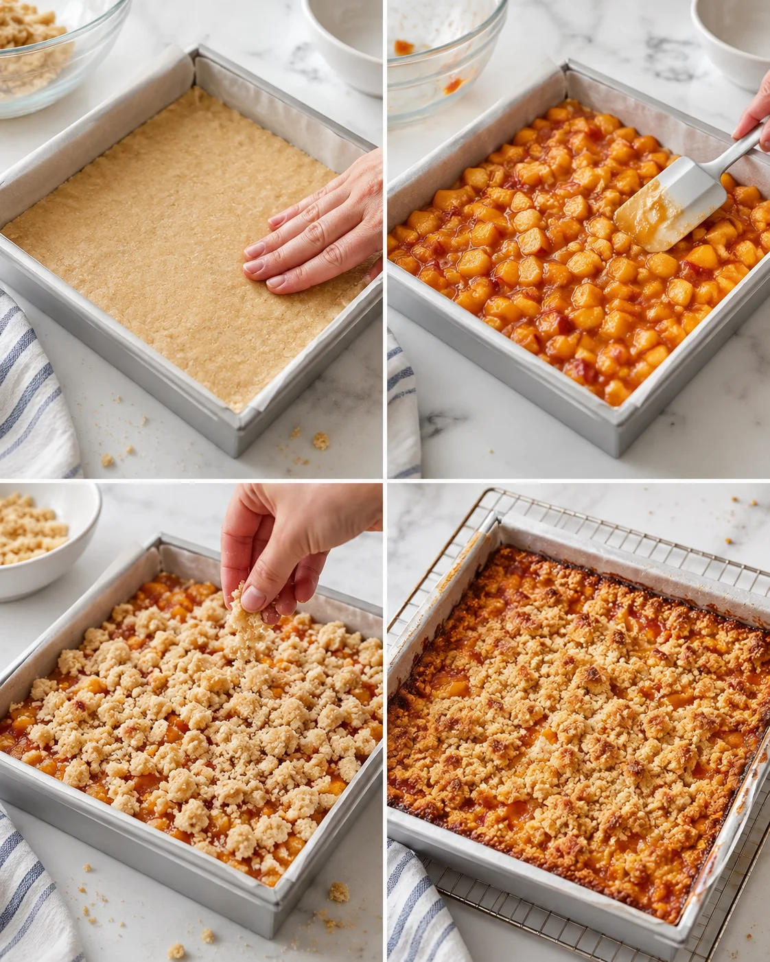 Collage showing crust pressed in pan, peach filling, crumb topping, and baked bars.