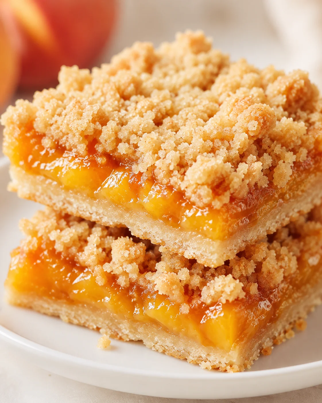 Close-up view of peach crumble bars with bright orange peach filling on a white plate.