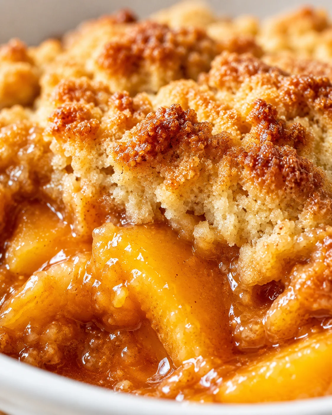 close-up of peach cobbler with a golden-brown crumb topping and glossy peach filling