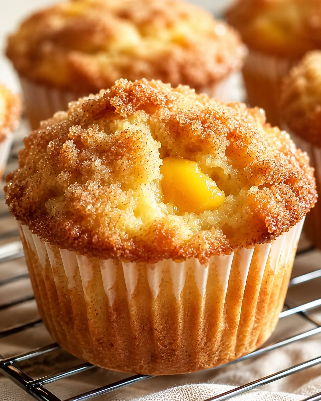 Golden muffin with a juicy peach center and coarse sugar crystals on top, cooling on a rack.