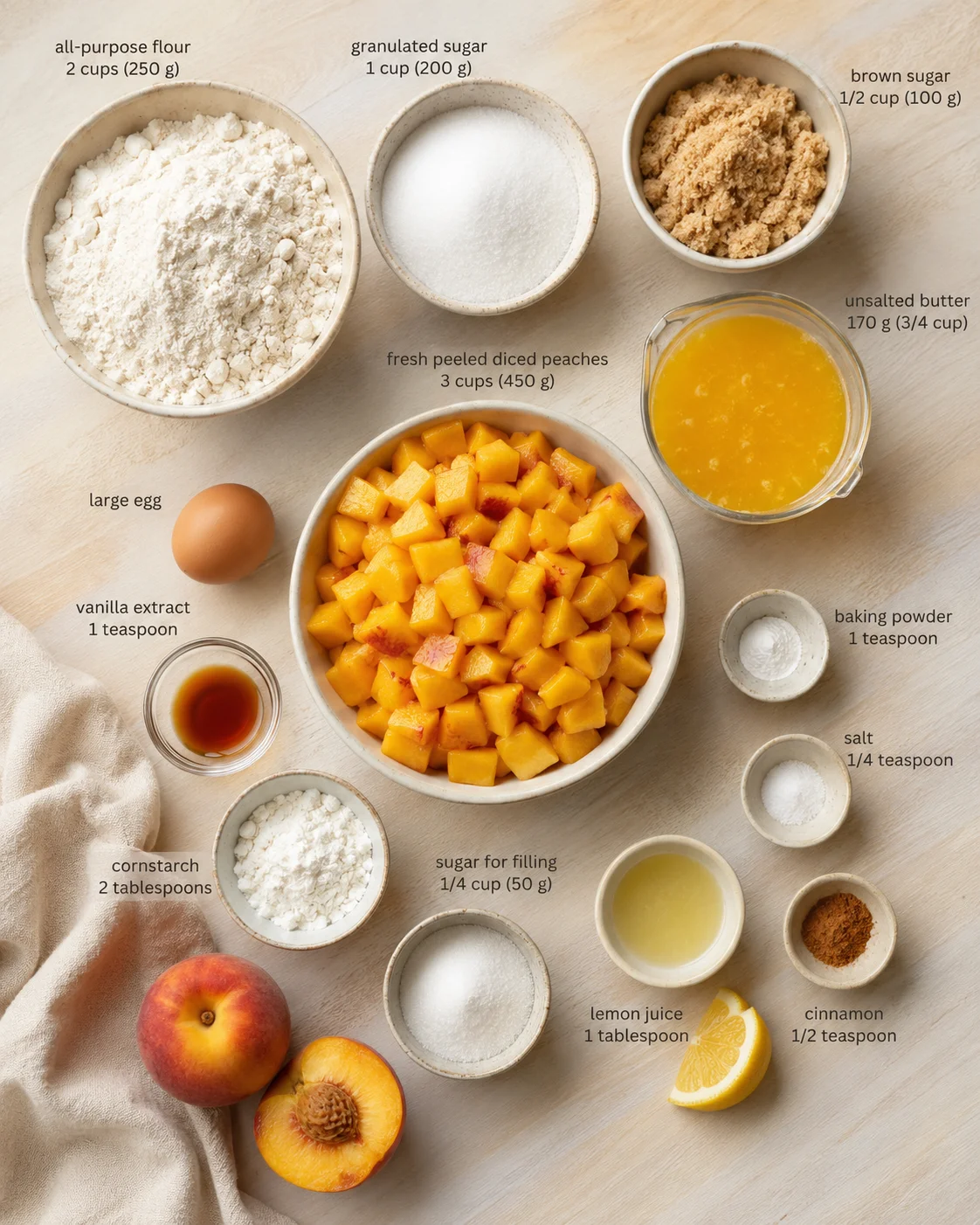 Overhead view of peach filling ingredients arranged on a light wood surface with labeled bowls and peaches.