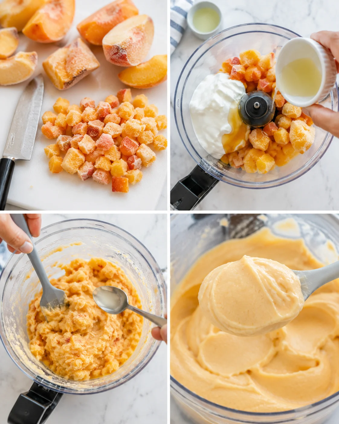 collage of peach-diced cubes, blender with creamy mix, and a scoop of peach ice cream